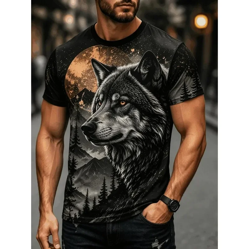 Men Crew Neck T Shirt Realistic Grey Wolf Head Golden Full Moon Pine Forest Mountain Scenery Dark Casual Street Tee