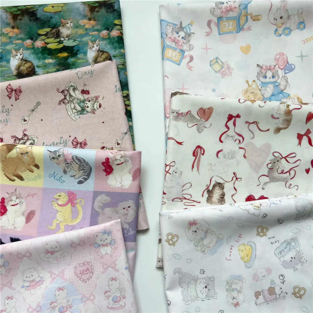 Vintage Cute Ribbon Cat 100% Cotton Fabric Patchwork Sewing Quilting kitten Fabrics For Tissue DIY Cloth Sewing Dress