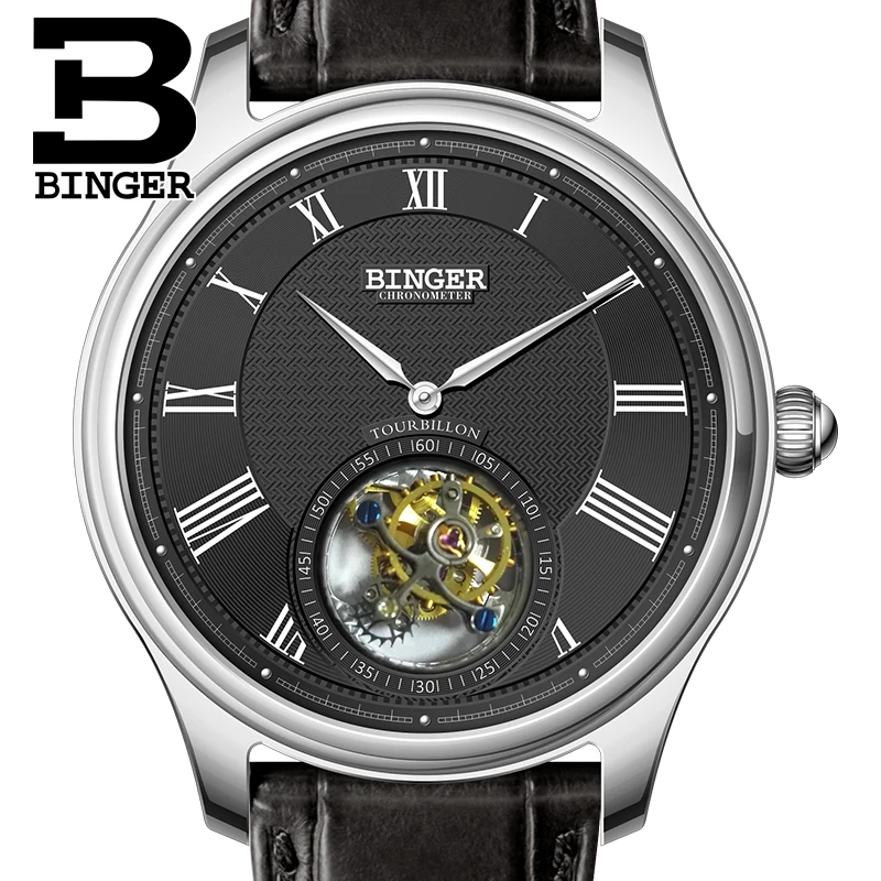 Switzerland BINGER Luxury Brand Seagull Tourbillon Automatic Mechanical Men\'s Watches Sapphire Alligator Leather Strap B80803