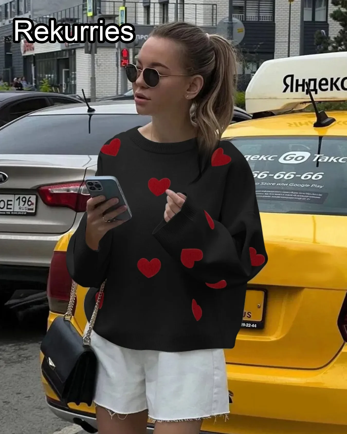 

Women's Long Sleeve Knit Sweater Crew Neck Casual Pullover Black Red Heart Print
