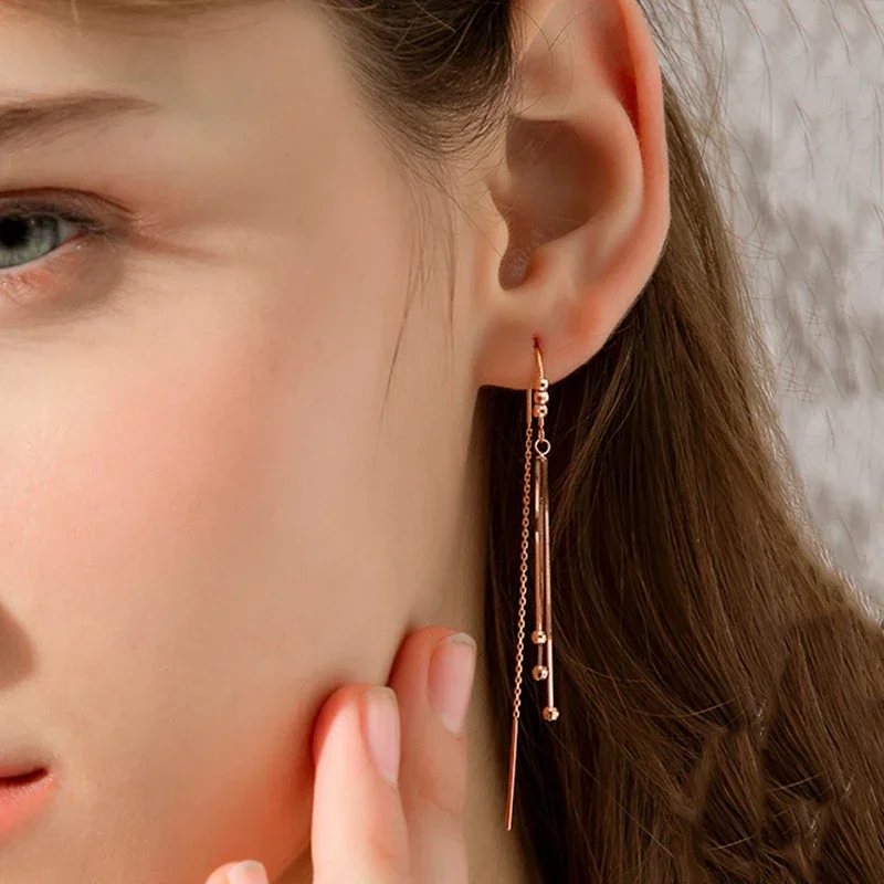 Light Luxury Fashion Soft Chain Tassel Earrings for Women Copper Plated Rose Gold Geometric Round Bead Long Earings Jewelry