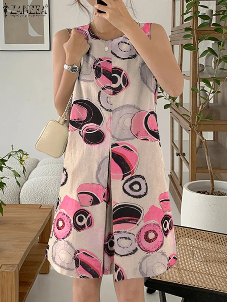 ZANZEA 여성 여름 코튼 린넨 미니 드레스 캐주얼 라운드 넥 민소매 인쇄 짧은 가운 휴가 데이웨어 Vestidos Mujer