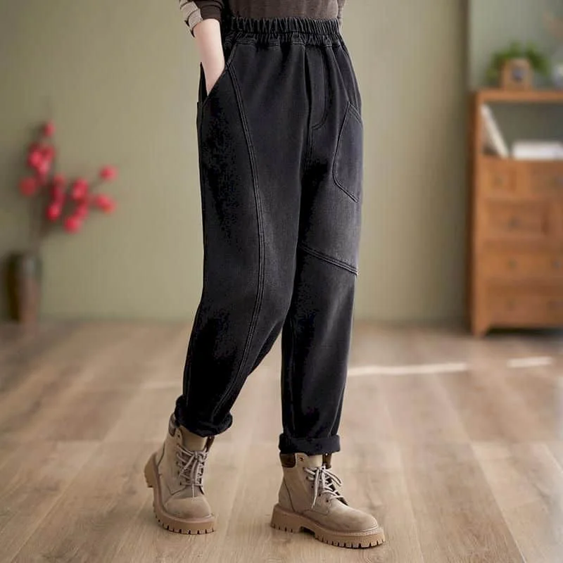 Denim Pants for Women Solid Adding Velvet Sweatpants Korean Style Casual Elastic Waisted Streetwear Clothing Harem Pants Women