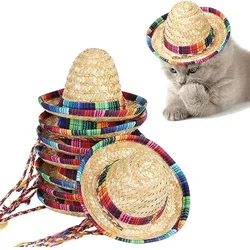 Mini Pet Dog Straw Hat Retro Farmer Cat Sun Hat with Adjustable Buckle Mexican Pet Hat Pet Clothing 15/22cm Dog Accessories