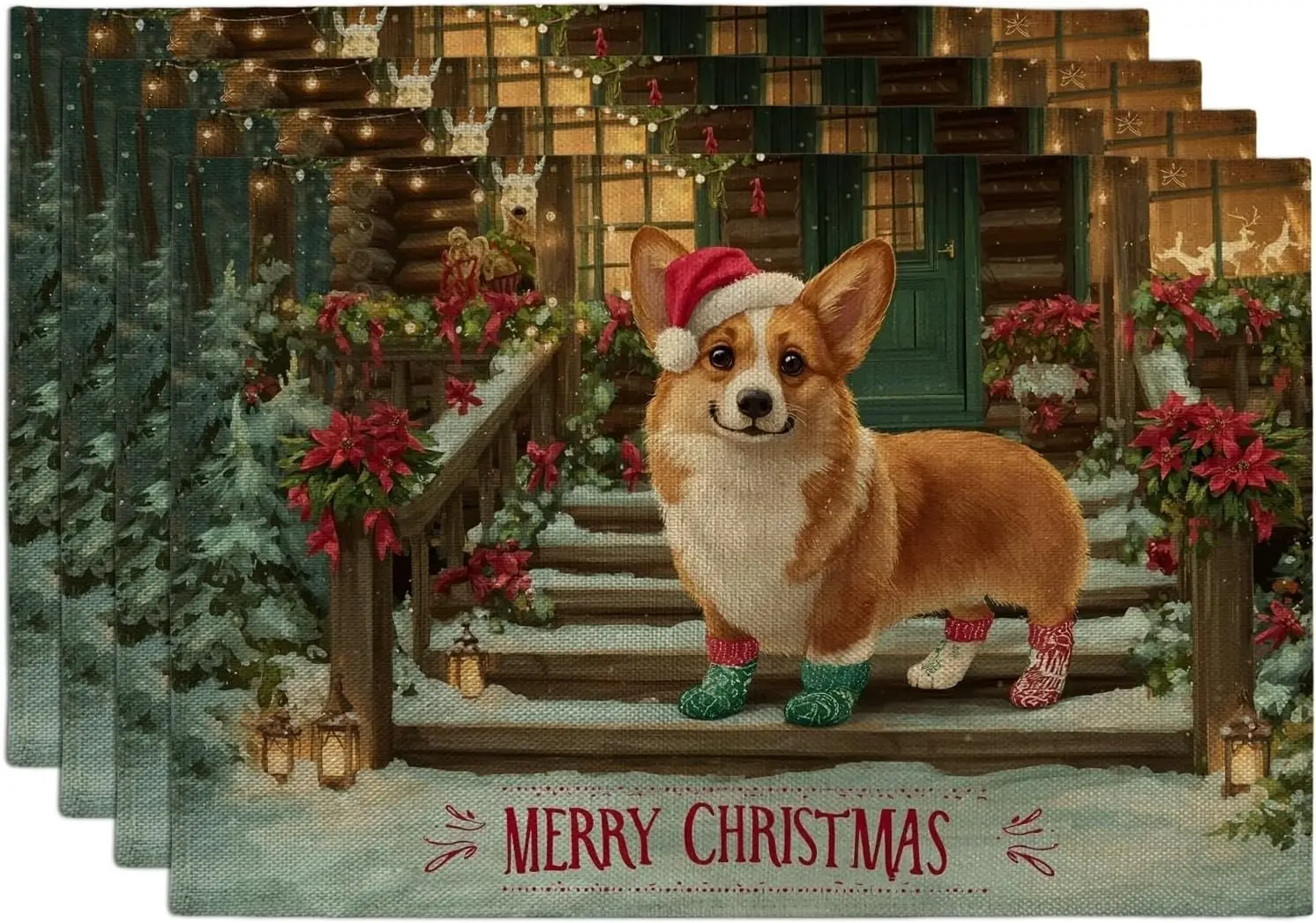 Christmas Corgi Placemats, Colorful Holiday Dog Place Mats for Dining Table, Non-Slip Washable Indoor Outdoor Party Decorative