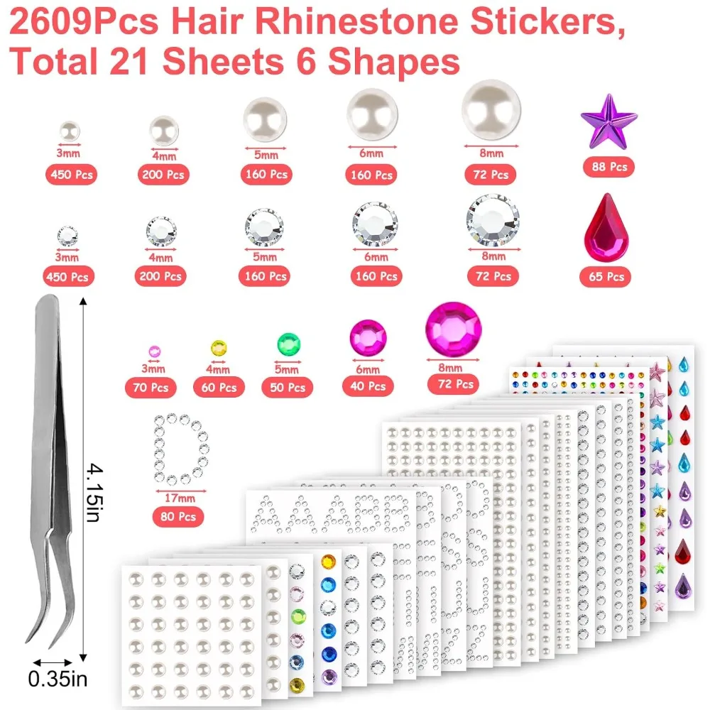 Hot Selling Self Adhesive Hair Gems Rhinestones Kit with 2609 Pieces Jewels Diamonds Letters Pearls and Tweezers for Crafts Face Eye Nail Clothing 6 Shapes 3-8mm Bling Stickers
