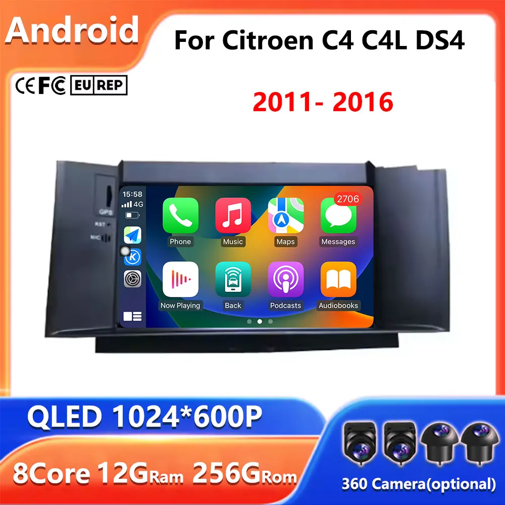 Rádio Automotivo Multimídia Android 16 com Tela de 7'' e Carplay 4G para Citroen C4 C4L DS4 2011 2012 - 2016