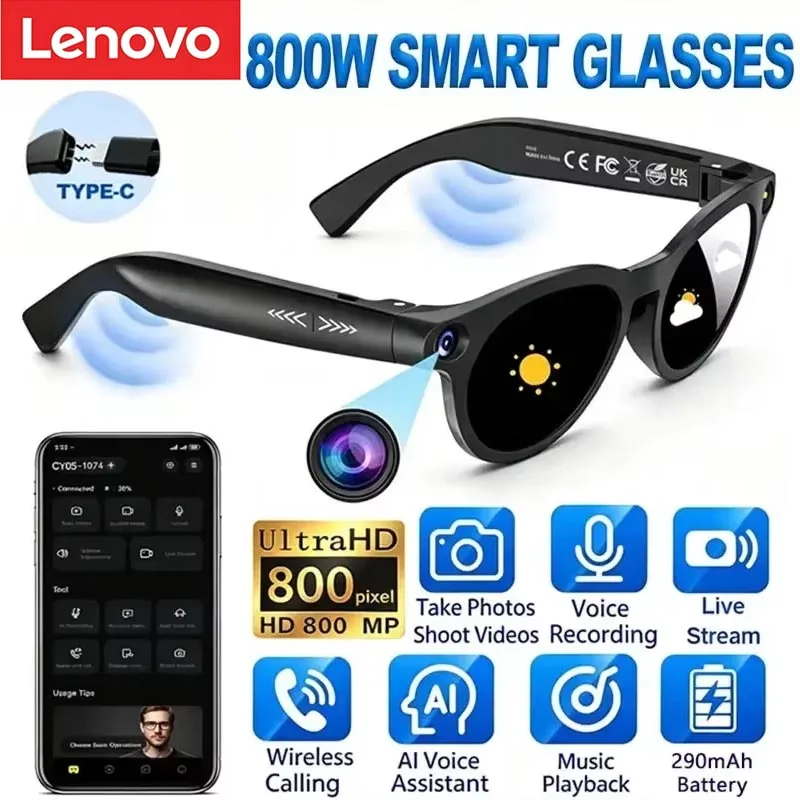 Lenovo AI Smart Glasses Tiktok Live Stream 800W Pixel HD Camera Photography & conversation Translation Recognition Smart Glasses