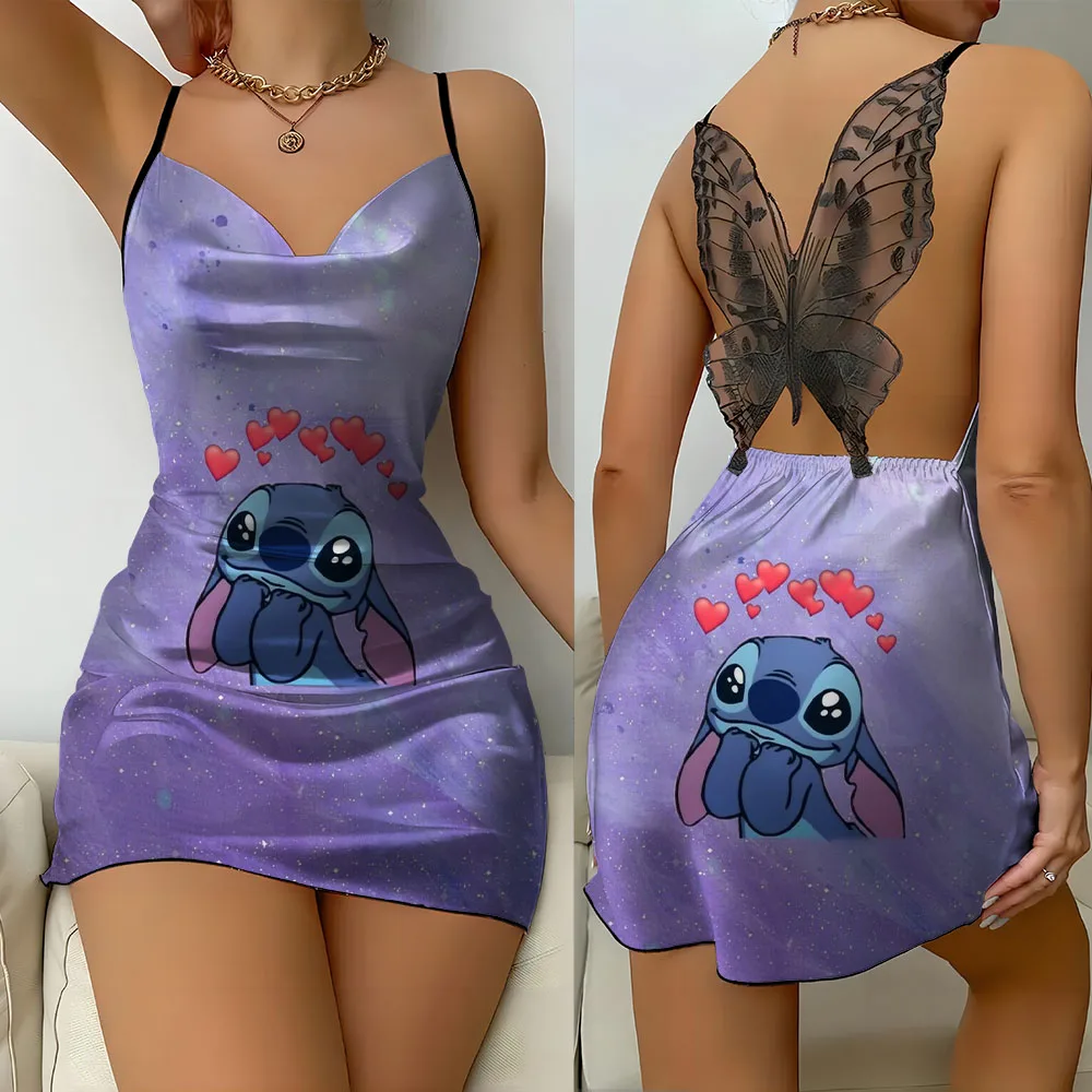 Backless Butterfly Lace Pajamas Simulated Silk Home Clothes Nightgown Home Clothes Disney Stitch Print Sexy Nightgown