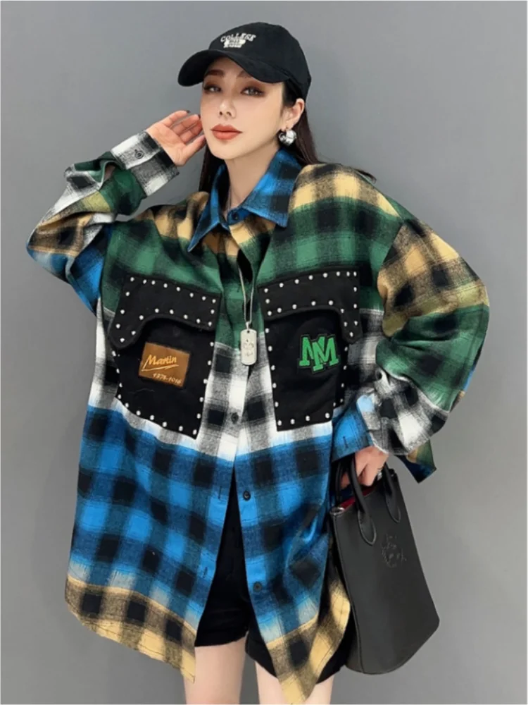 Vefadisa 2024 Autumn New Blue Women Plaid Shirts Turn-down Collar Long Sleeve Patchwork Shirt Casual Fashion Loose Coat ZXY594A