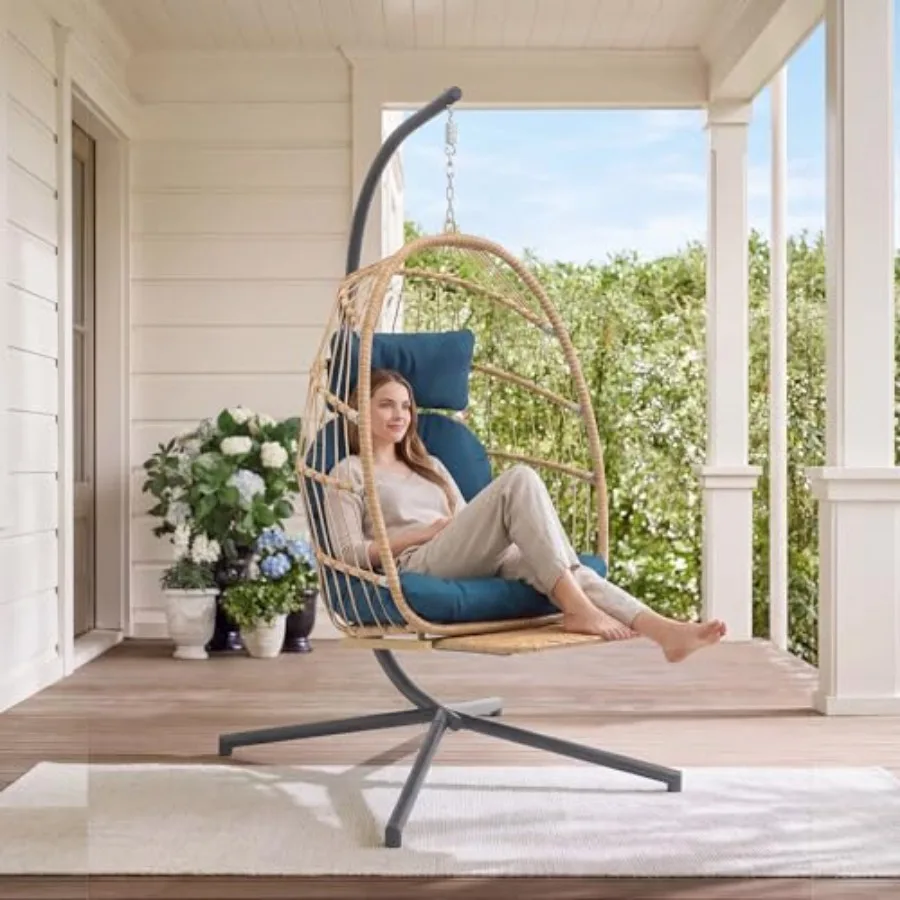 Foldable Wicker Rattan Hanging Egg Chair with Stand Footrest for Indoor Outdoor Use UV-Resistant Cushion 350 lbs Capacity Beige