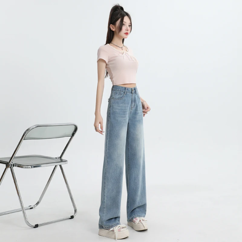 Shascullfites-Jeans macios de perna larga de cor clara para mulheres, desgaste em forma de pera, cintura alta, cortina solta, calças retas finas, novo, 2024