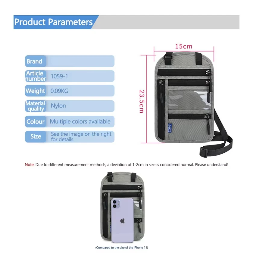 Portafogli per passaporto con blocco cavezza RFID Portafoglio impermeabile in nylon con cerniera Porta mano Borsa antifurto per cellulare Accessori da viaggio