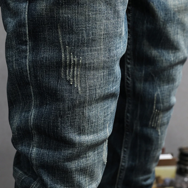 Newly Designer Fashion Men Jeans Retro Blue Elastic Slim Ripped Jeans Men Casual Straight Trousers Vintage Denim Pants Hombre