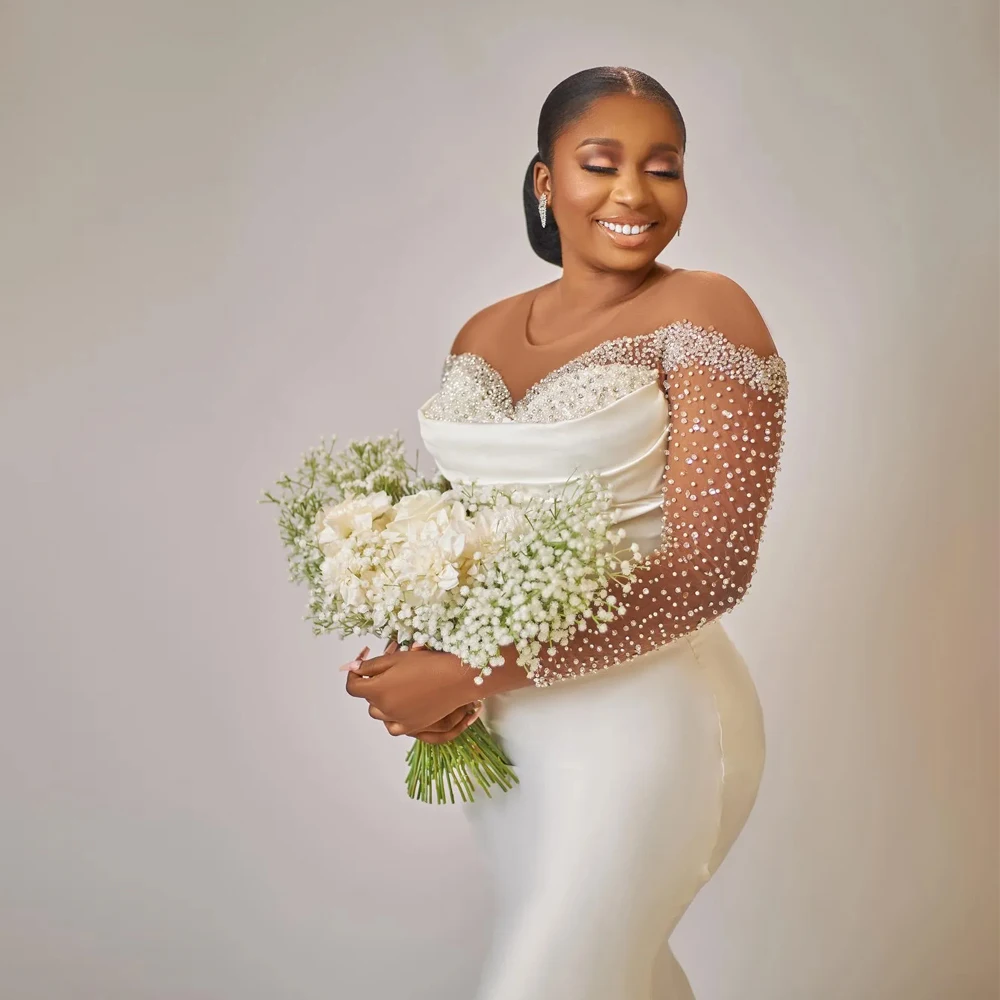 

Arabic Aso Ebi Mermaid Wedding Dresses Beading Detachable Train Bridal Gowns O Neck Long Sleeve Satin Church Robe De Mariee