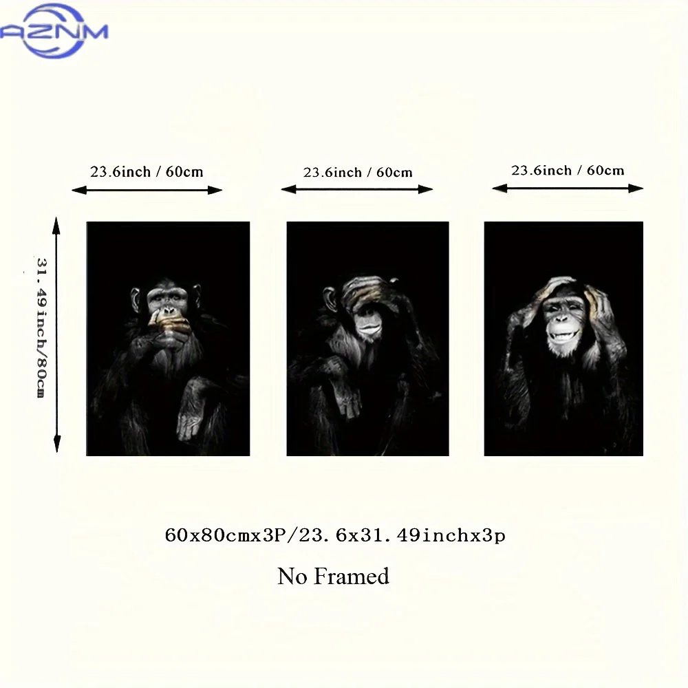 3pcs/set Big Size Unframed Retro Black and White Printed Posters, Funny Monkeys Canvas Painting, Waterproof Canvas Wall Art, Art
