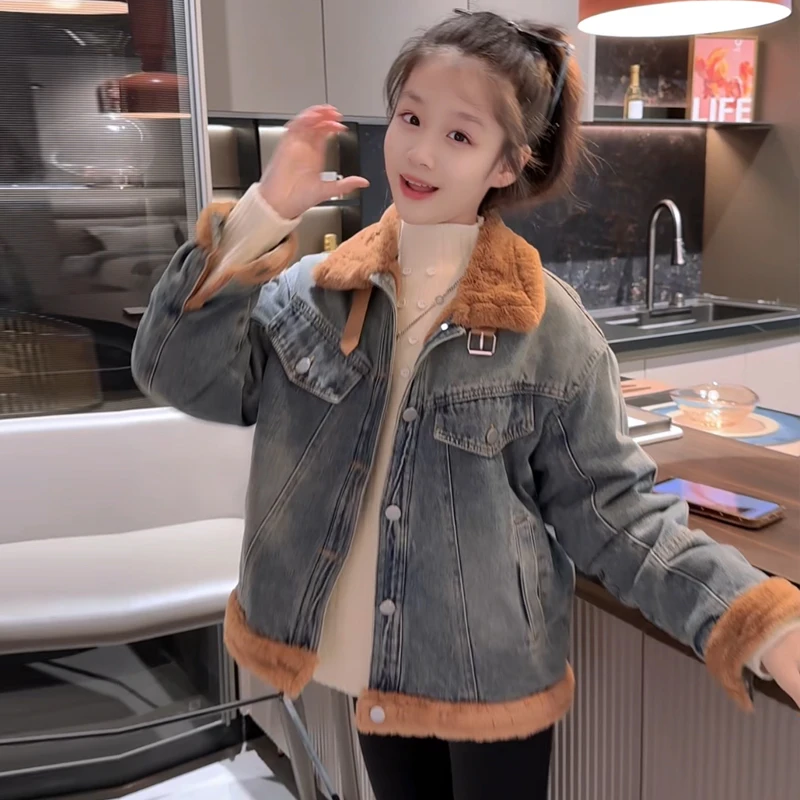 2025 Winter Children's Rabbit Sable Cowboy Coat Autumn Long Sleeve Boys' Sports Jacket Thickened Girls' Spring Cotton Coat