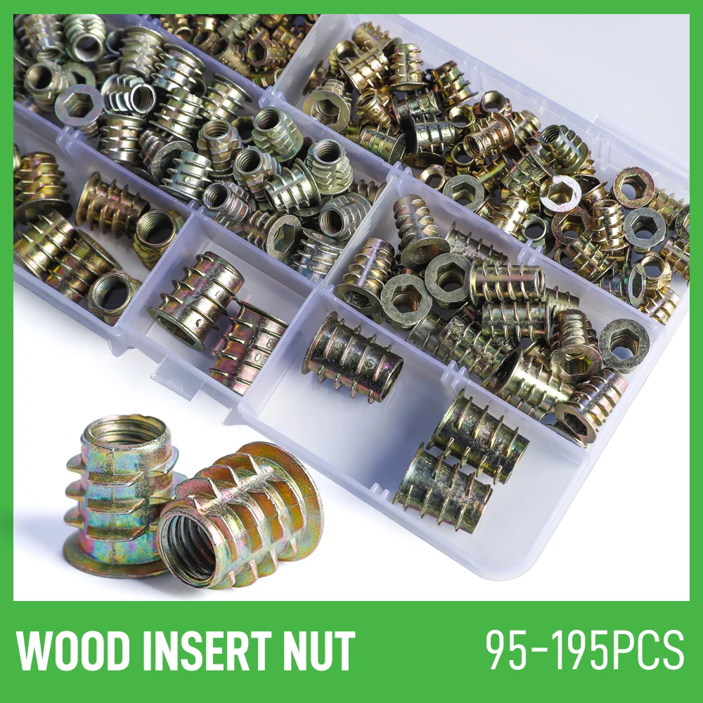 

90/100/180/195 Pcs M4 M5 M6 M8 M10 Hex Socket Embedded Insert Nuts Kit Metal E-Nut Assortment Set for Woodworking Furniture