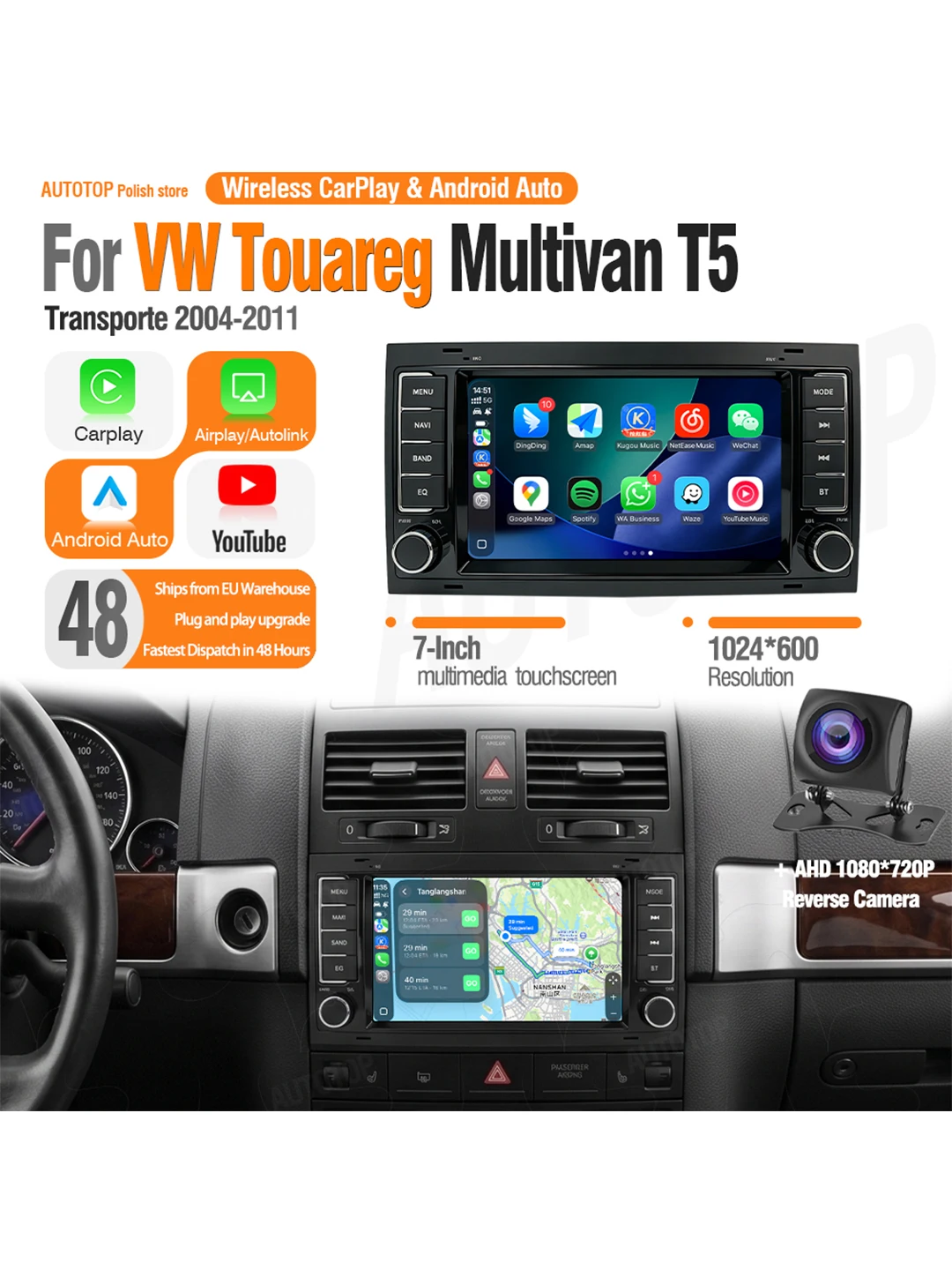 AUTOTOP 7" YouTube draadloze CarPlay autoradio voor VW Volkswagen Touareg Transporter T5 Multivan Android Auto multimediaspeler - afbeelding 2