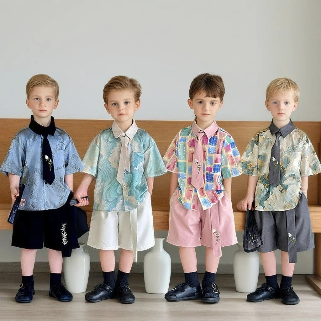 

Kids Costumes Preppy Style Printed Shirt Shorts Boys Girls Outfits Set Summer Holiday Casual Elegant Fashion Teen Child Clothes