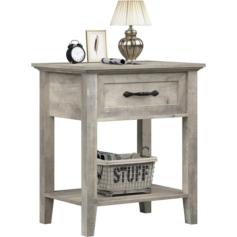 

Grey Nightstand, End Table with Drawer, Side Table for Spaces, 2 Tiers Storage Shelves with Dresser, Bedside Table for Living