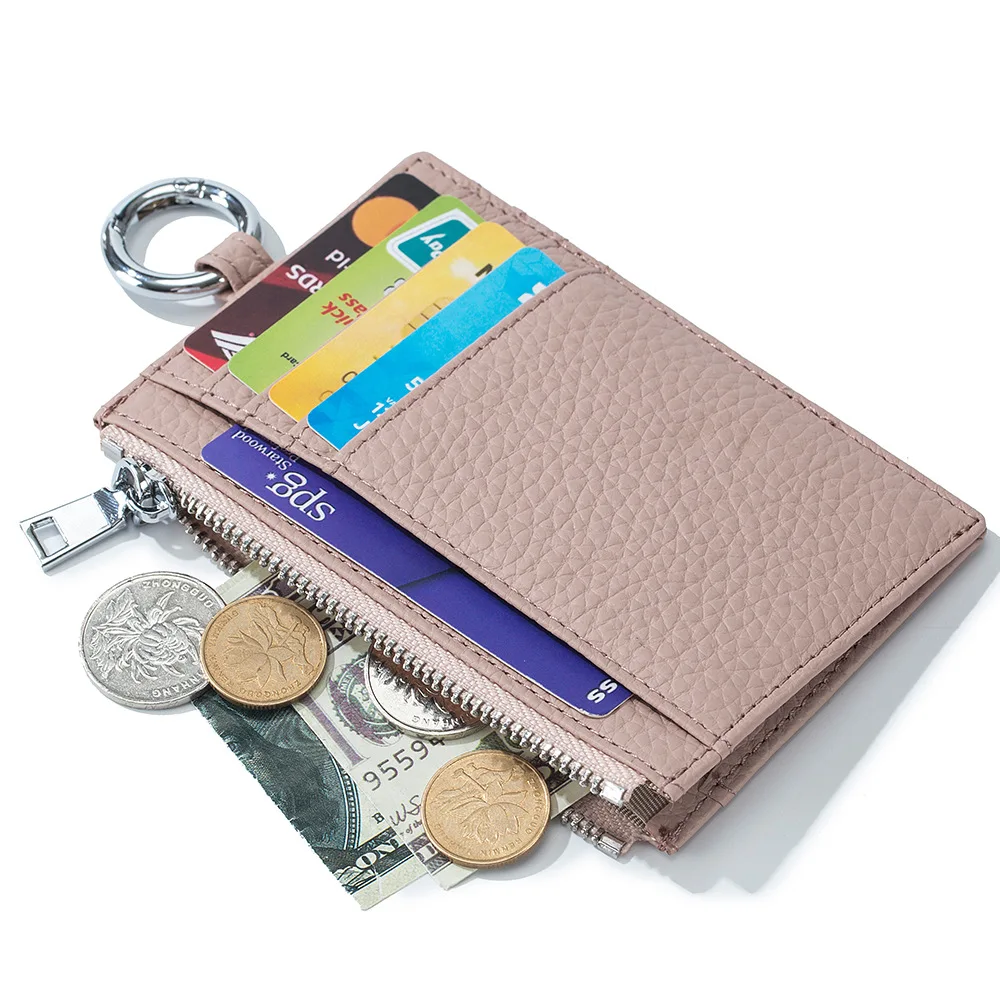 Leather Ultra-thin Card Holder with Anti-lost Ring Multifunctional Compact Coin Purse Unisex Simple ID Card Bag Money Clip