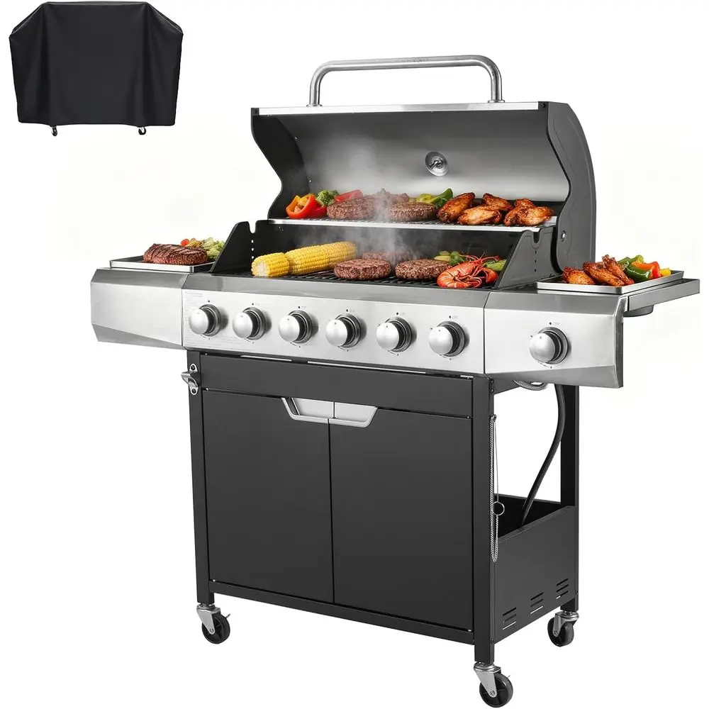 

Усовершенствованный газовый гриль на пропане из нержавеющей стали мощностью 68 500 BTU с 6 конфорками и боковой горелкой, с фарфоровыми решетками для барбекю на открытом воздухе, патио и балкона.