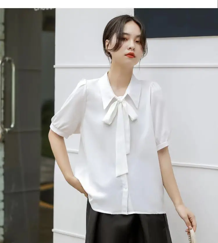 Summer New Blouses For Lady Vintage Elegant Women Work Wear Casual Short Sleeve Shirts Chiffon Solid Tops 2024 New Clothes