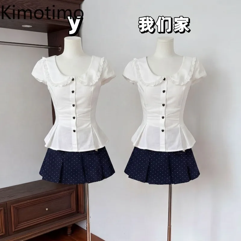 Kimotimo White Shirt Women Japanese Y2k Peter Pan Collar Slim Waist Short Sleeve Tops Summer New Simple Versatile Sweet Blouse