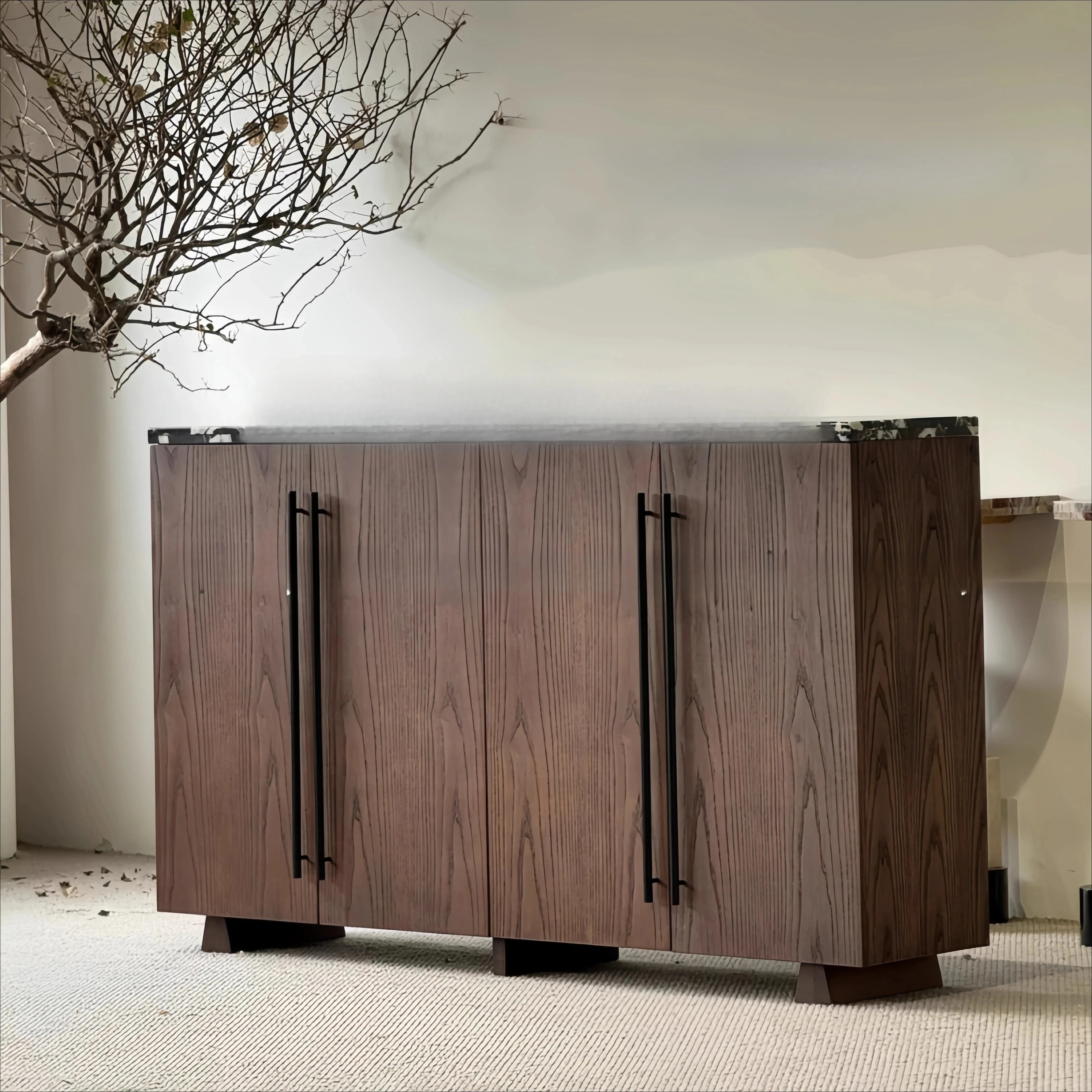A Medieval style solid wood dining side cabinet wabi-sandy wind living room home marble retro storage cabinet