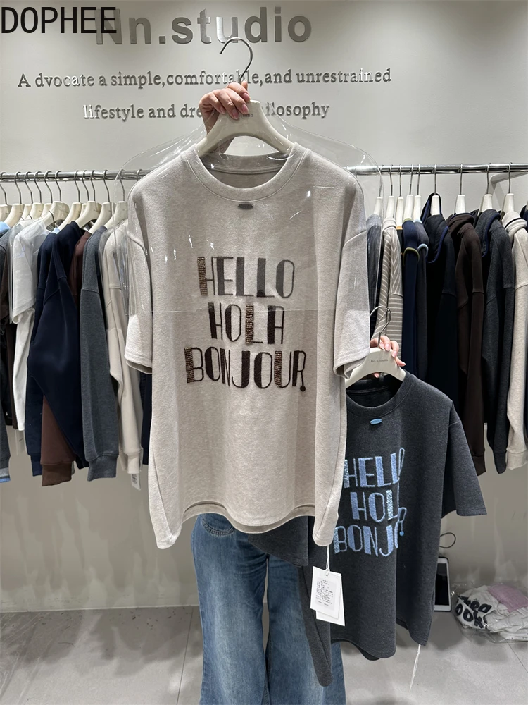 

Женские футболки с короткими рукавами с утолщенной шлифовкой, новинка 2025, осень-зима, пуловер большого размера средней длины, топ с вышивкой букв, повседневные футболки