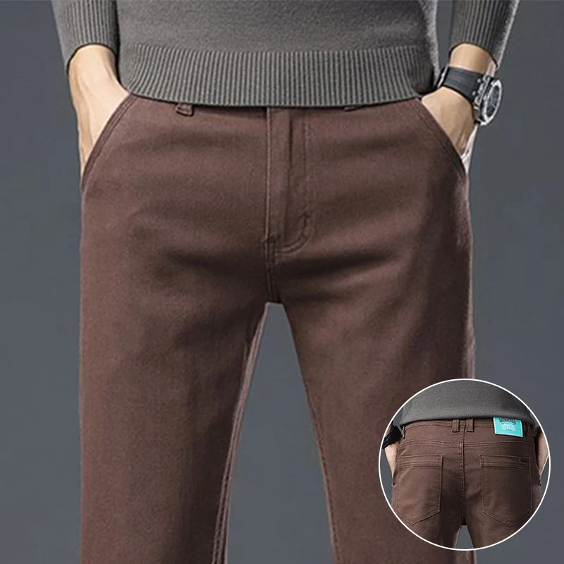

Мужские осенне-зимние новые повседневные джинсы больших размеров, мужские свободные прямые эластичные джинсовые брюки, модные универсальные кофейно-коричневые брюки