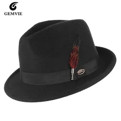 Man Classic Trilby Hats Felt Hat Vintage Fedora Hat with Metal Feather & Band Outdoor Church Party Cap Church Hats Black
