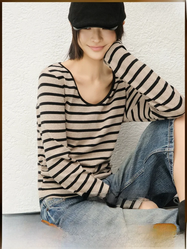 

Meiyang Casual Long Sleeve T-Shirt Women's Versatile Basic Pleated Neck Design Classic Pattern Polyester Fiber Spring Summer