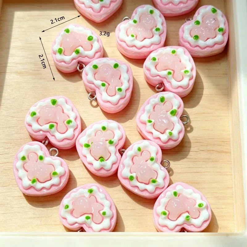 10Pcs Kawaii 3D Heart Rose Cake‑Shaped Resin Charms Sweet Mini Food Pendants DIY Craft Materials for Earrings Keychains