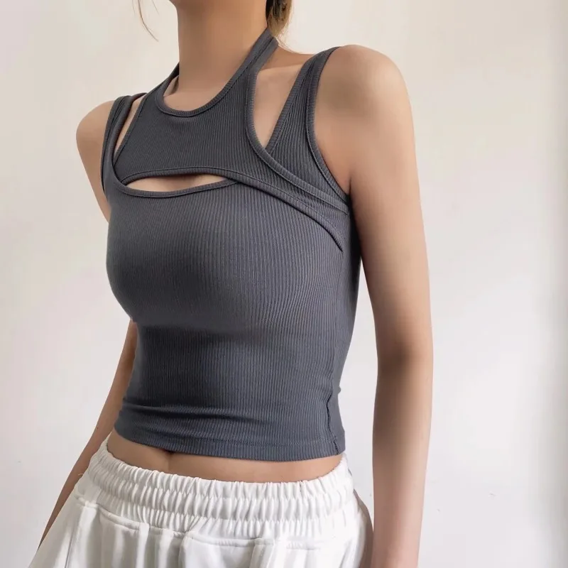 

Asymmetrical Crop Top y2k E-girl Hollow Out Knitted Corset Top Sleeveless O Neck Mini Vest Basic Casual Sporty Summer