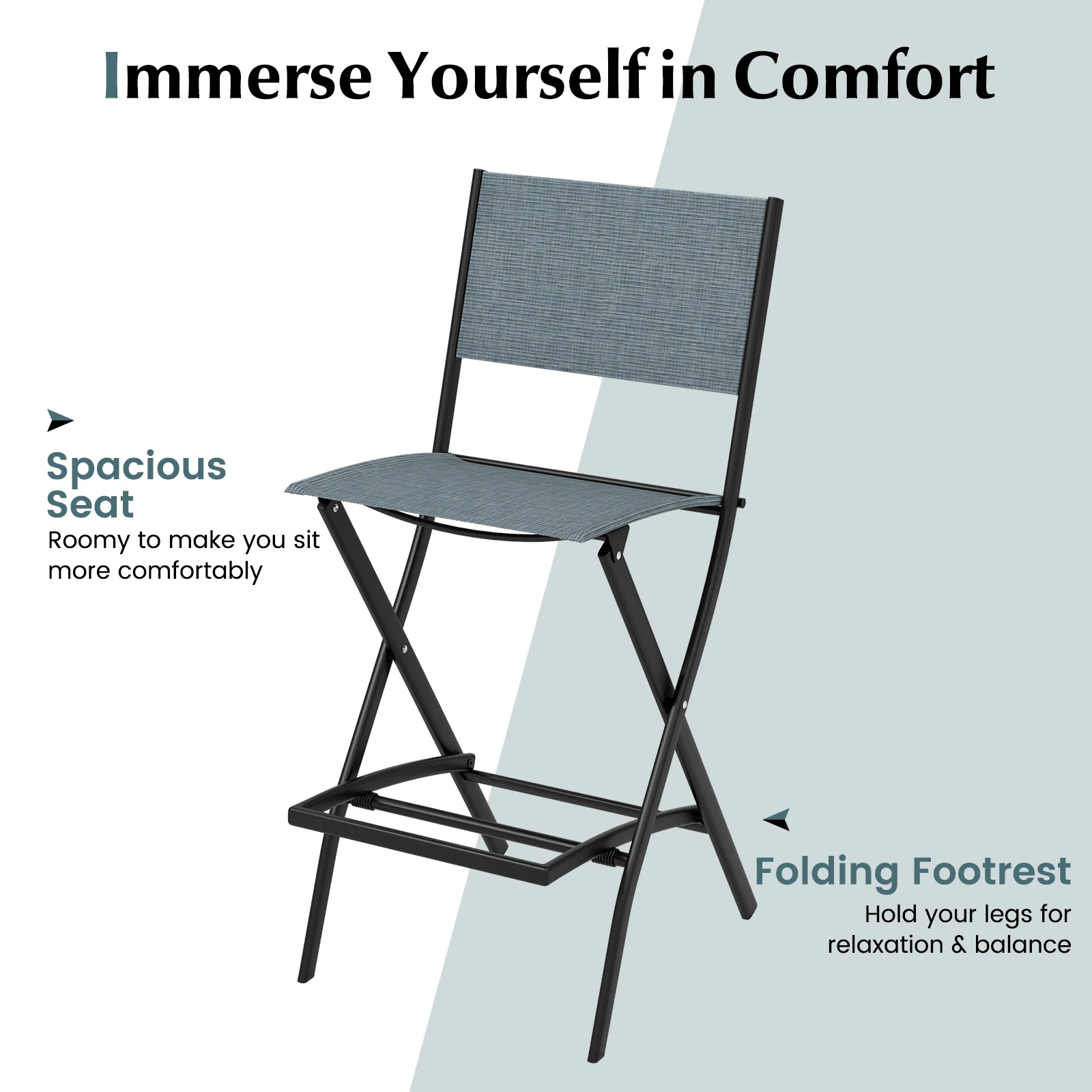 Set of 2 Outdoor Bar Stools, Folding Bar Chairs with Backrest and Footrest, Counter Stools up to 150 kg, Seat Height 71 cm