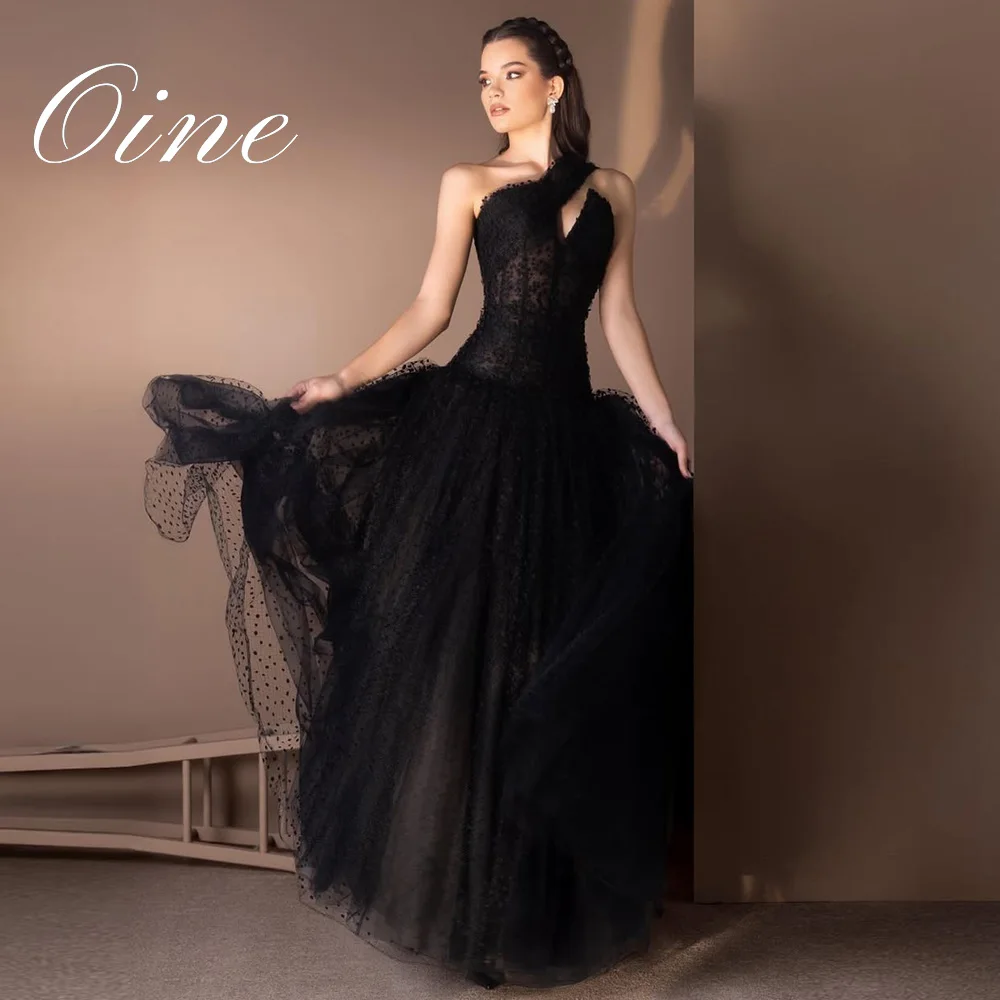 Oine 2026 Black One-Shoulder Lace Tulle Evening Dresses Sleeveless A-Line Bespoke Occasion Gown Prom Saudi Arabic Customized