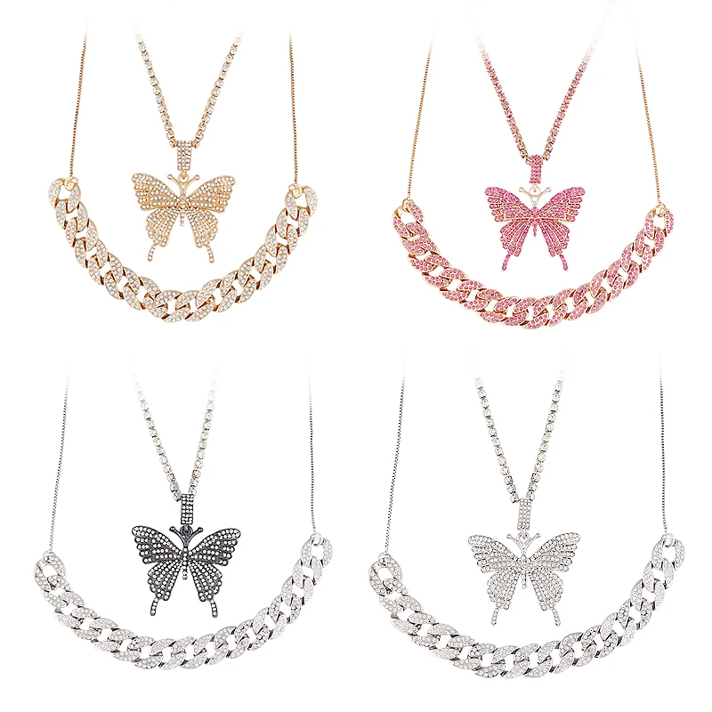 Fashion Creative Rhinestone Butterfly Perfume Keychain Hip Hop Cuban Necklace No. 5 Pendant for Women Elegant Holiday Jewelry