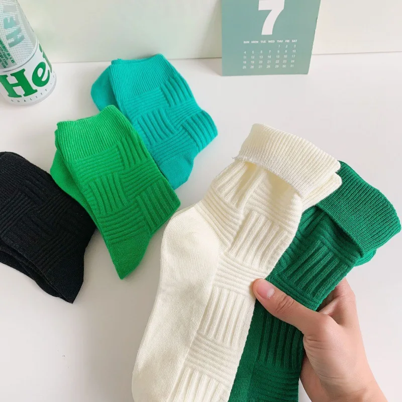 1 Pair Green Socks For Men And Women 2024 Autumn Winter Mid Tube Socks Retro Pile Socks Pure Cotton Double Needle Textured Sock