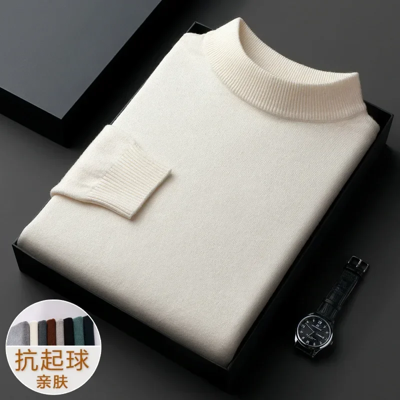 

New 2023 Men's Mock Collar 100% Pure Woolen Sweater Tops Autumn Winter Cashmere Sweater Men Pullover Knitted Warm Sweater Male