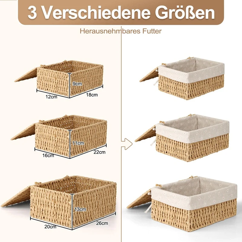 ABWR-корзина для хранения, упаковка из 3-х корзин для хранения с крышкой, тканая корзина из бумажной веревки, корзины с декором в стиле бохо с подкладкой