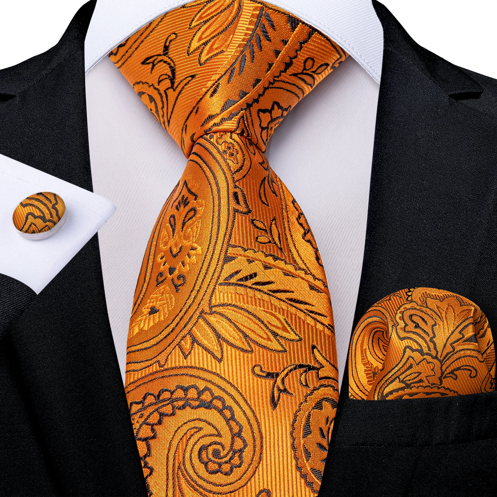 

Orange Silk Men's Tie Set Pocket Square Cufflinks Paisley 8cm Jacquard Necktie Accessories Daily Wear Cravat Wedding Party Gift