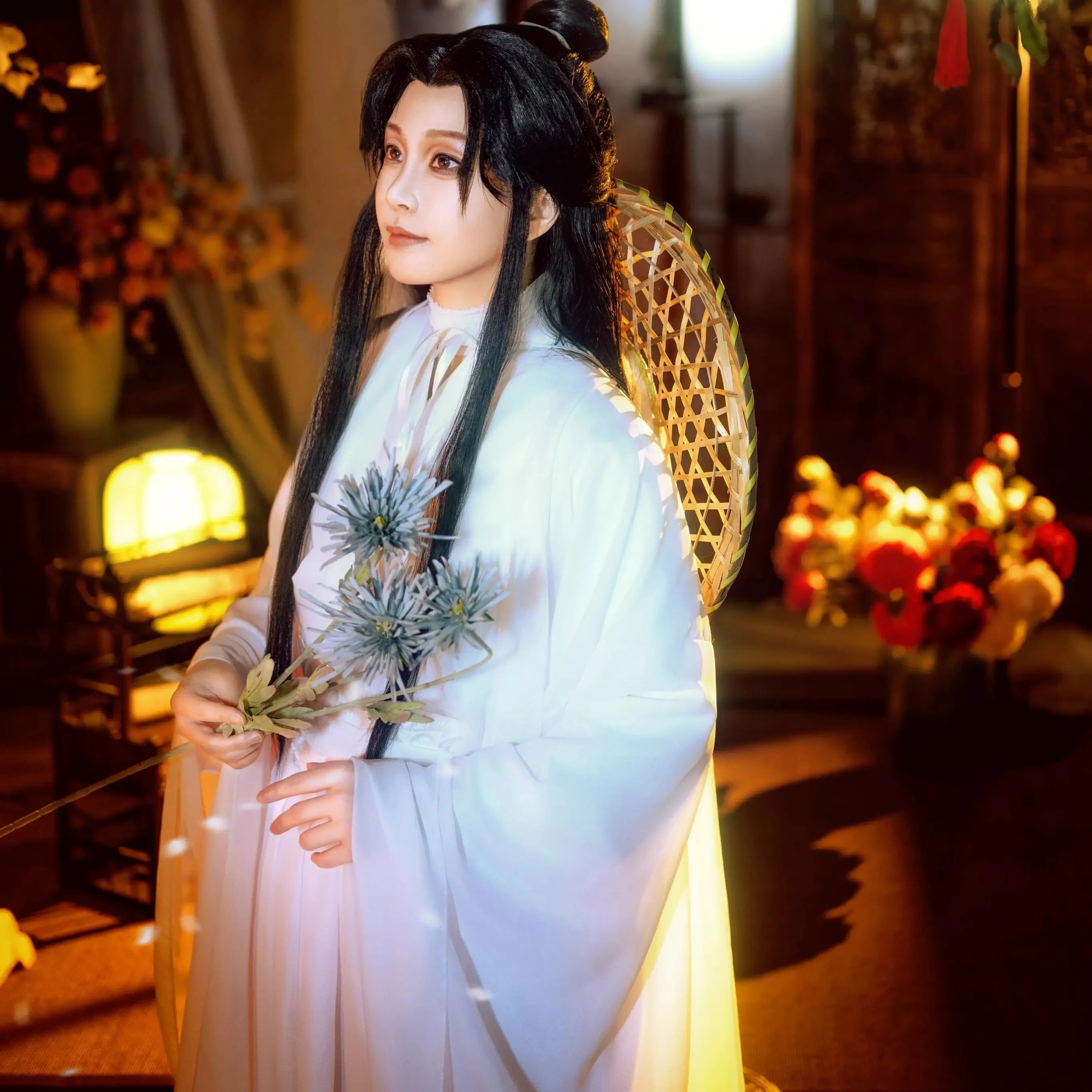 Fantasia de Cosplay Anime para Homens e Mulheres, Xie Lian, Guan Ci Fu, Xielian Cos, Perucas, Chapéu de Bambu, Suporte, Retro, Trajes Brancos, Roupa