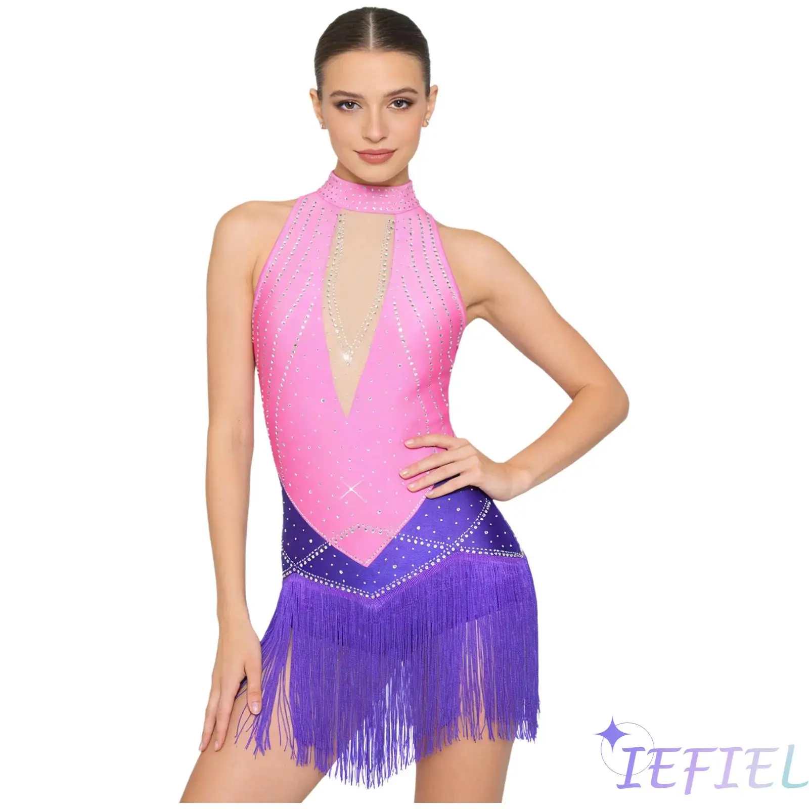 

Women Latin Fringed Bodysuit Dress Rhinestone Embellished Color Block Tassel Jumpsuit Female Tango Rumba Salsa Dance Costume