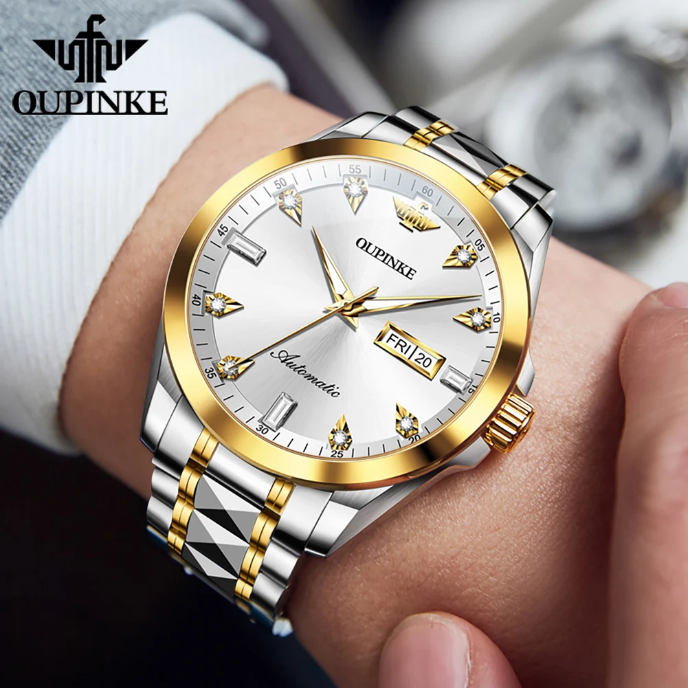 OUPINKE 3286 Men High end Fully Automatic Mechanical Watch Original HD Diamond Dial Tungsten Steel Strap Waterproof Men Watch