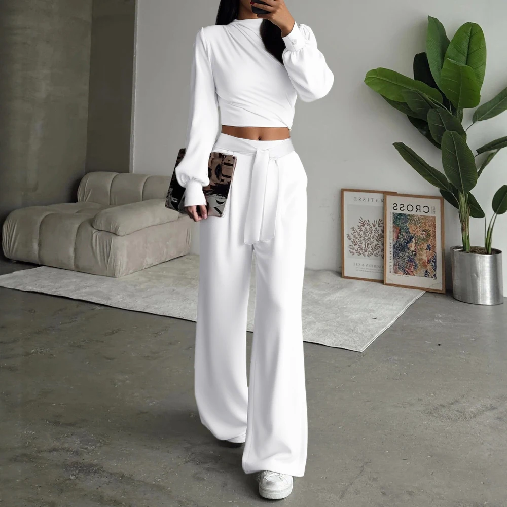 

Mia Muse Boutique Autumn Sets 2025 Women's K-Fashion Plain Long Sleeve Crew Neck T-Shirts High Waist Wide Leg Pants Work Sets