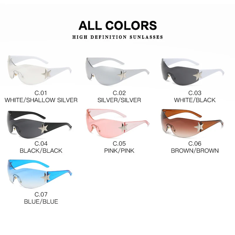 RUOBO Luxury Punk Five Star Fashion Sunglasses For Women Man Y2K Rimless Designer One Piece Sun Glasses UV400 Goggle Eyewear