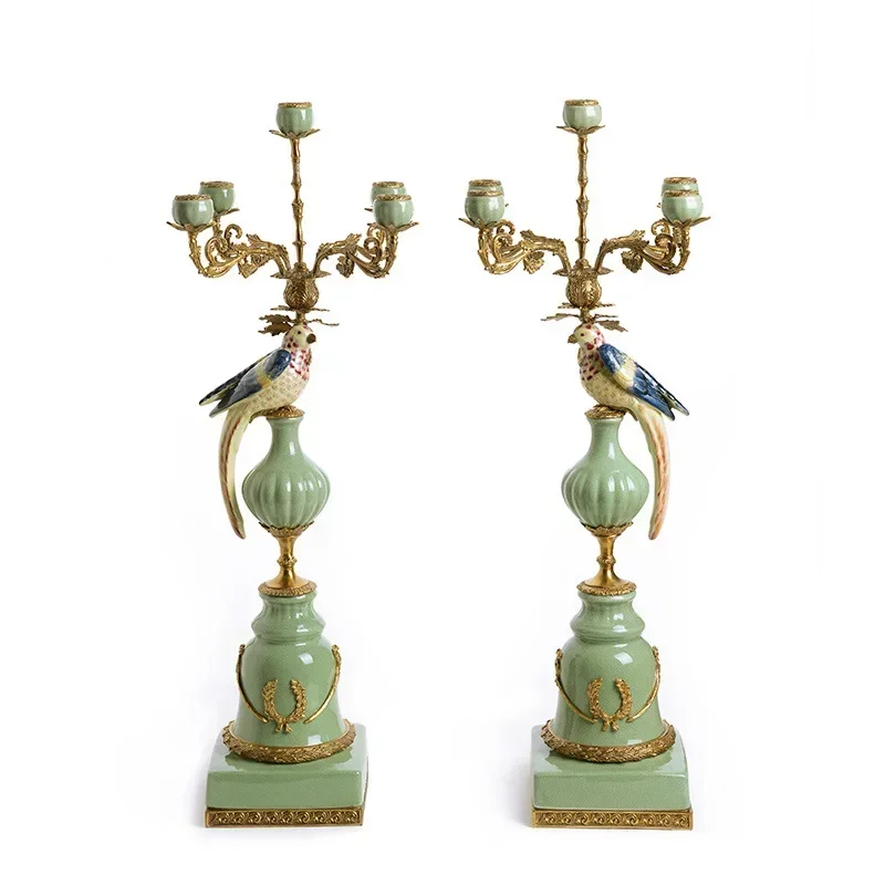 

Luxury Home Decor Parrot Porcelain Candlestick Bird Multi 5 Heads Brass Ceramic Candle Holder for Wedding Decoration