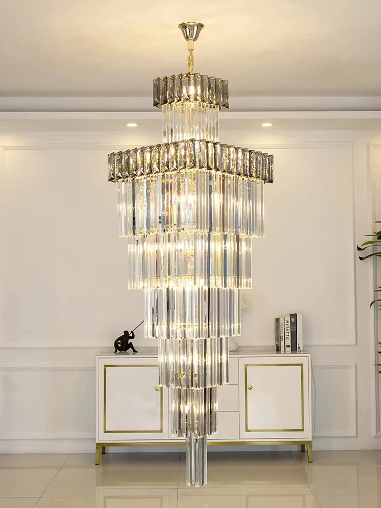 

Postmodern Light Luxury Crystal Chandelier Villa Luxury Tall led Duplex Hollow Loft Middle Floor Spiral Staircase Pendant Light